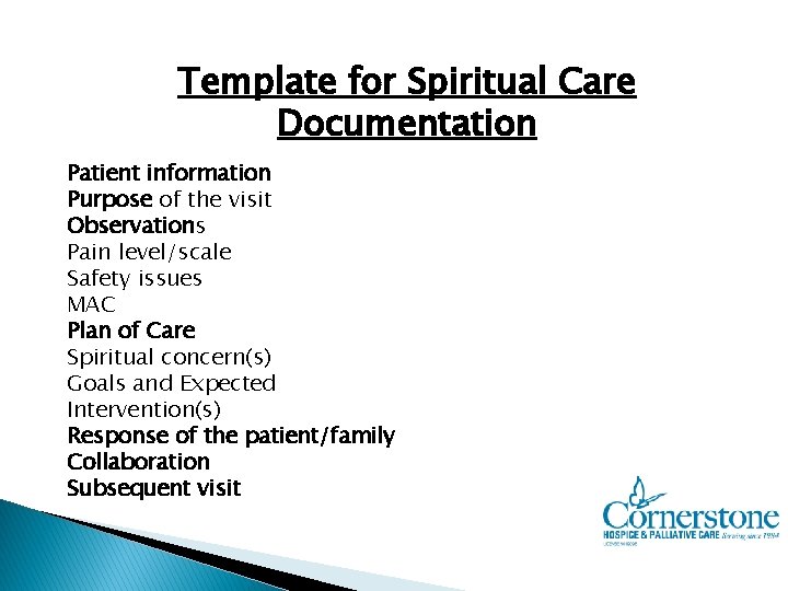 Template for Spiritual Care Documentation Patient information Purpose of the visit Observations Pain level/scale