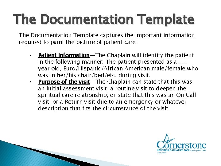 The Documentation Template captures the important information required to paint the picture of patient