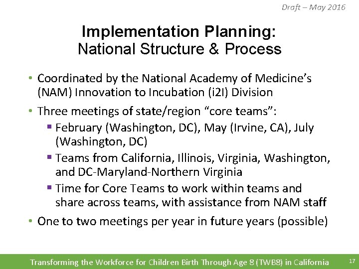 Draft – May 2016 Implementation Planning: National Structure & Process • Coordinated by the Draft – May 2016 Implementation Planning: National Structure & Process • Coordinated by the
