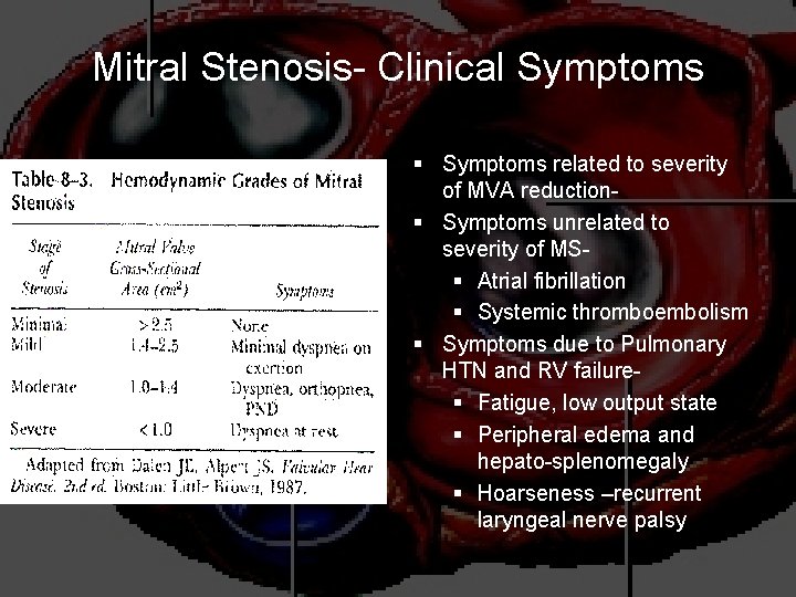 Mitral Stenosis- Clinical Symptoms § Symptoms related to severity of MVA reduction§ Symptoms unrelated
