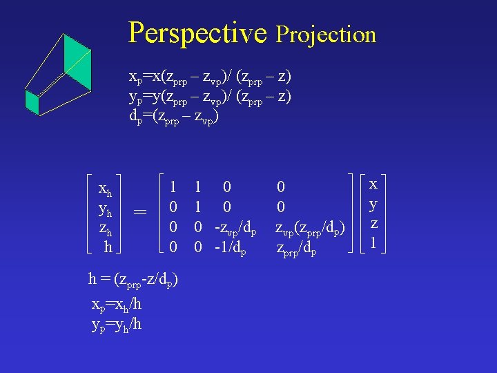 Perspective Projection xp=x(zprp – zvp)/ (zprp – z) yp=y(zprp – zvp)/ (zprp – z)