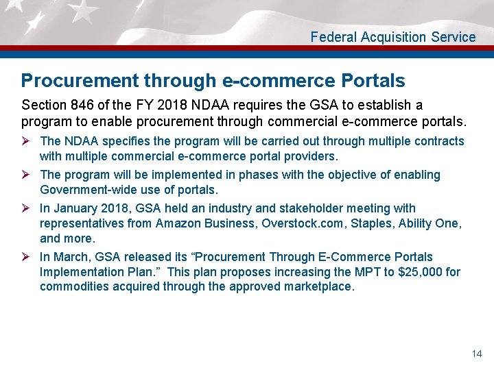 Federal Acquisition Service Procurement through e-commerce Portals Section 846 of the FY 2018 NDAA
