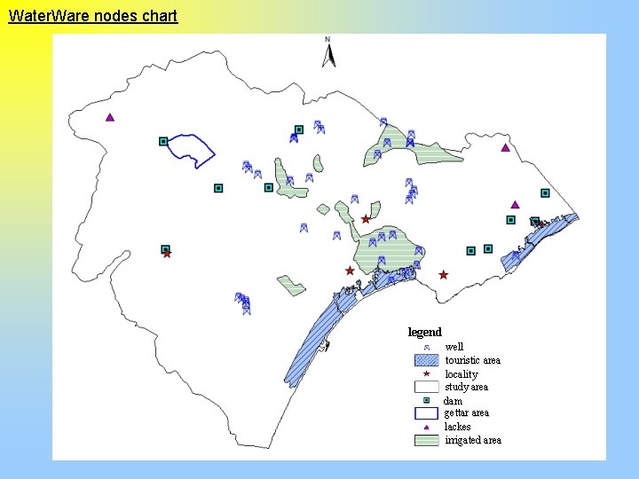 Water. Ware nodes chart legend well touristic area locality study area dam gettar area