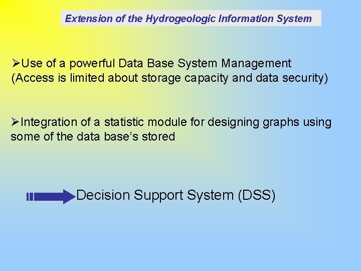 Extension of the Hydrogeologic Information System ØUse of a powerful Data Base System Management