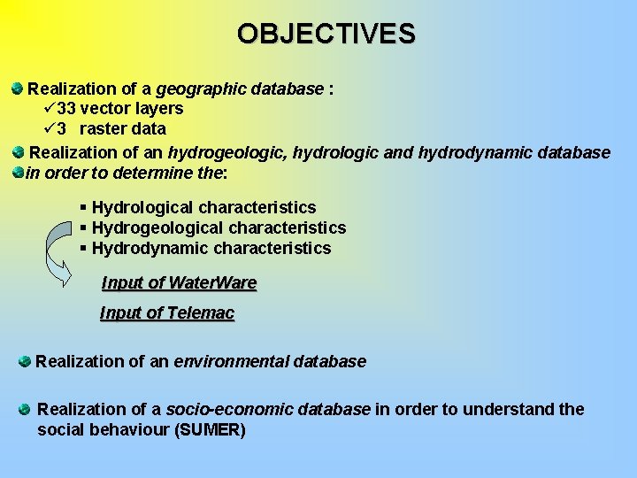 OBJECTIVES Realization of a geographic database : ü 33 vector layers ü 3 raster
