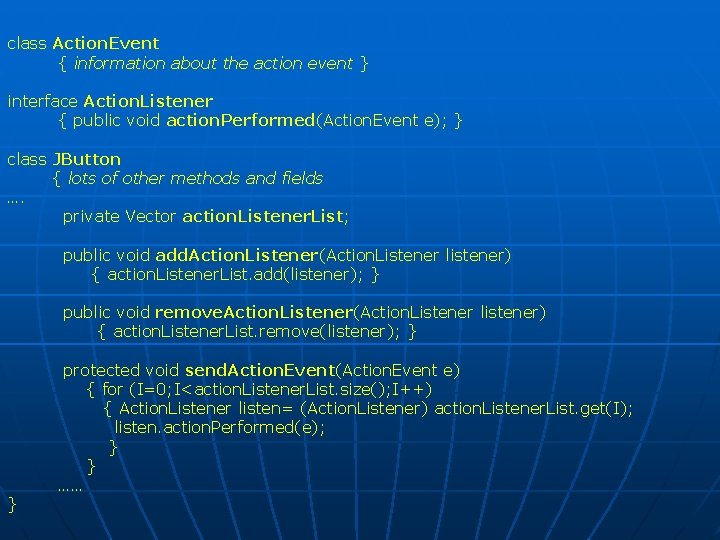 class Action. Event { information about the action event } interface Action. Listener { class Action. Event { information about the action event } interface Action. Listener {
