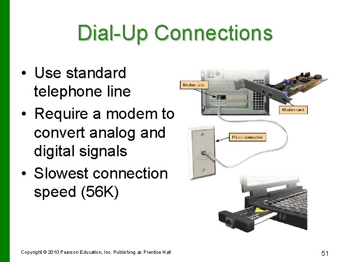 Dial-Up Connections • Use standard telephone line • Require a modem to convert analog