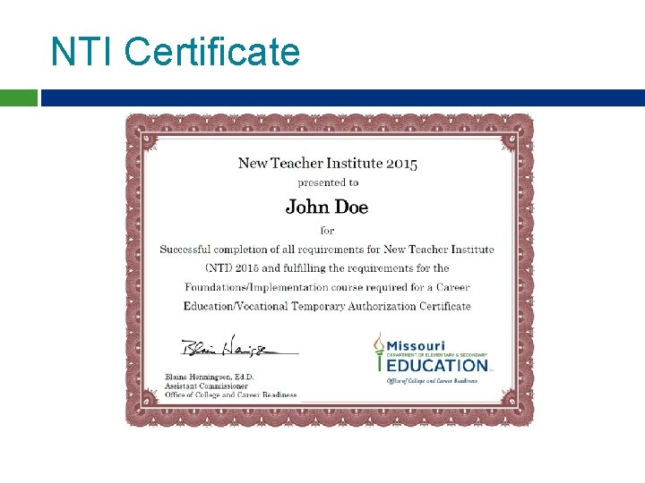 NTI Certificate NTI Certificate