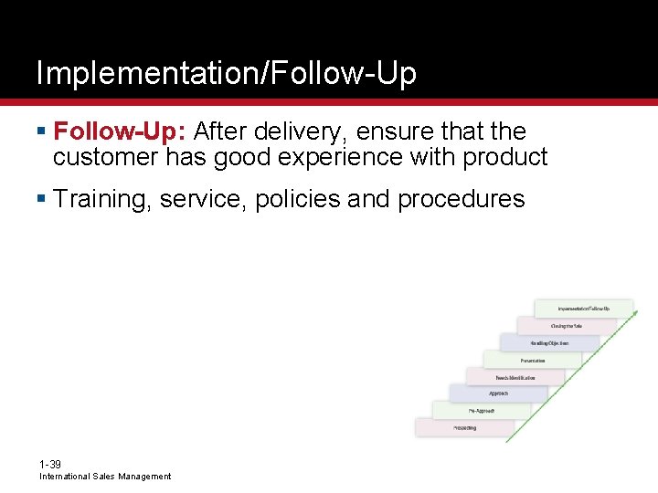 Implementation/Follow-Up § Follow-Up: After delivery, ensure that the customer has good experience with product