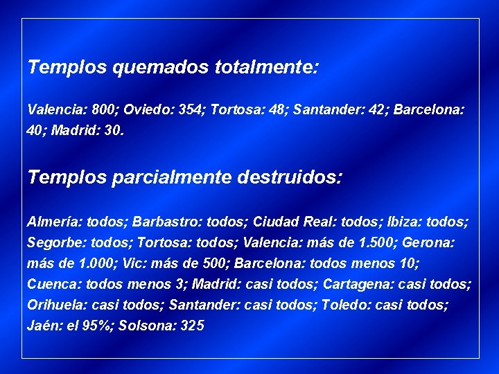 Templos quemados totalmente: Valencia: 800; Oviedo: 354; Tortosa: 48; Santander: 42; Barcelona: 40; Madrid: