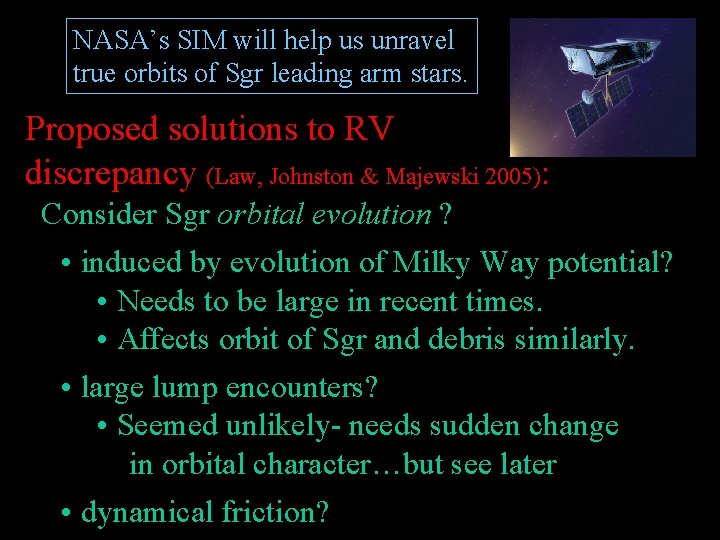 NASA’s SIM will help us unravel true orbits of Sgr leading arm stars. Proposed