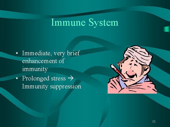 Immune System • Immediate, very brief enhancement of immunity • Prolonged stress Immunity suppression
