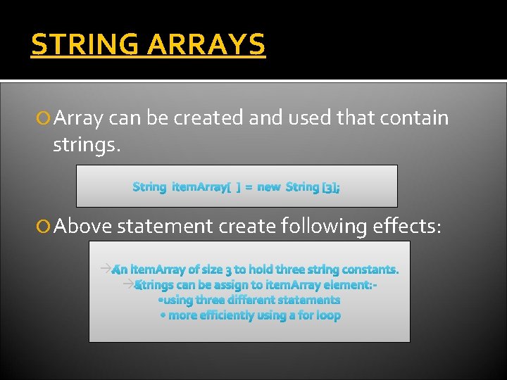 STRING ARRAYS Array can be created and used that contain strings. String item. Array[