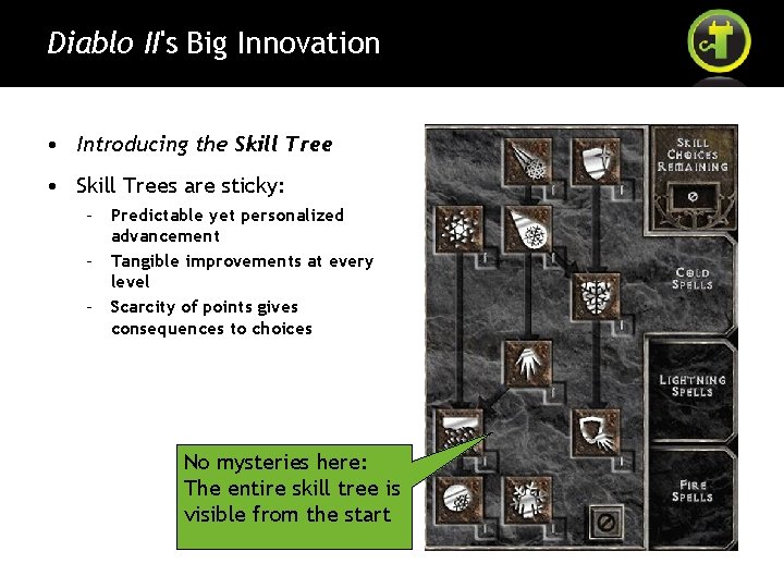 Diablo II's Big Innovation • Introducing the Skill Tree • Skill Trees are sticky: