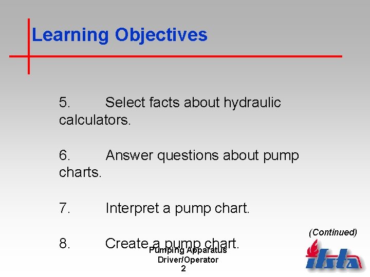Learning Objectives 5. Select facts about hydraulic calculators. 6. Answer questions about pump charts.