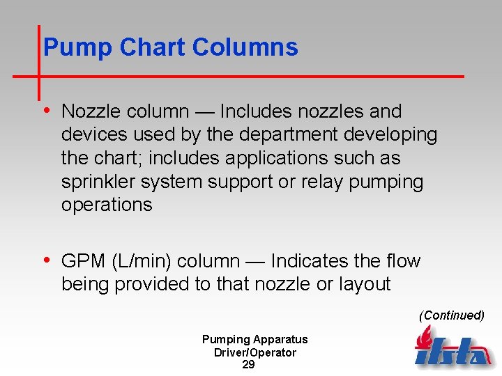 Pump Chart Columns • Nozzle column — Includes nozzles and devices used by the
