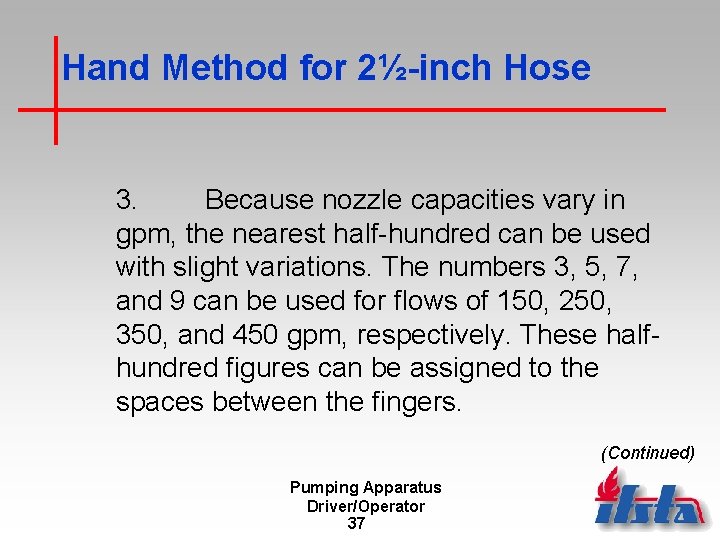 Hand Method for 2½-inch Hose 3. Because nozzle capacities vary in gpm, the nearest