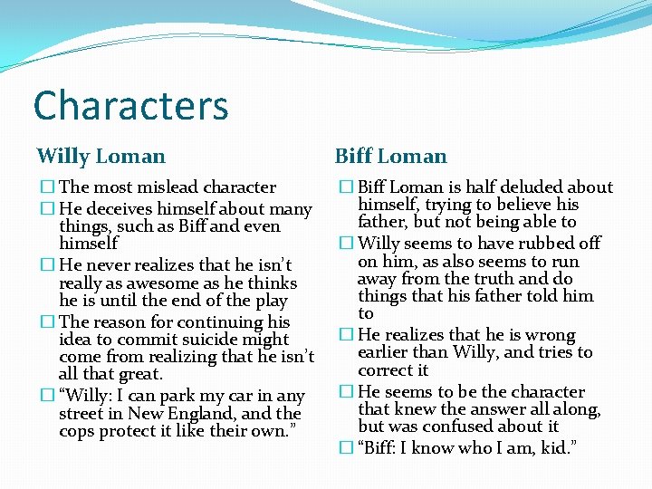 Characters Willy Loman Biff Loman � The most mislead character � He deceives himself