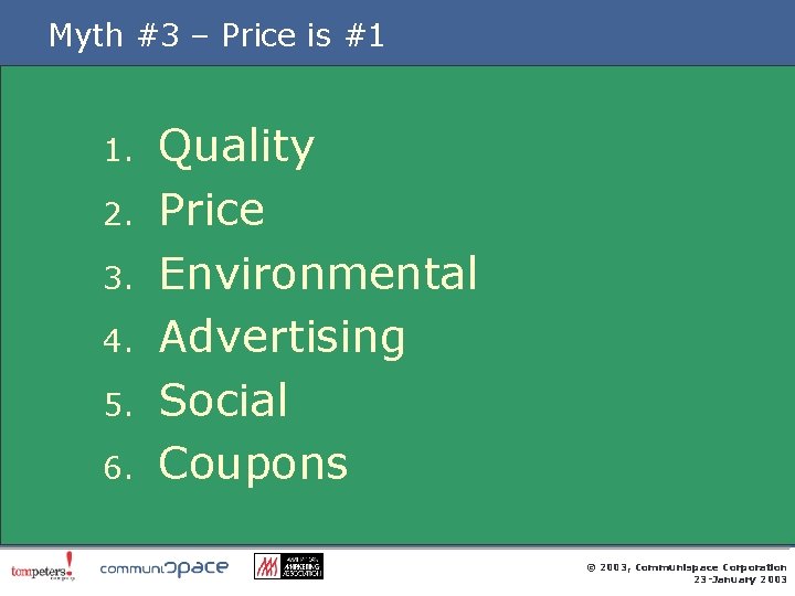 Myth #3 – Price is #1 1. 2. 3. 4. 5. 6. Quality Price