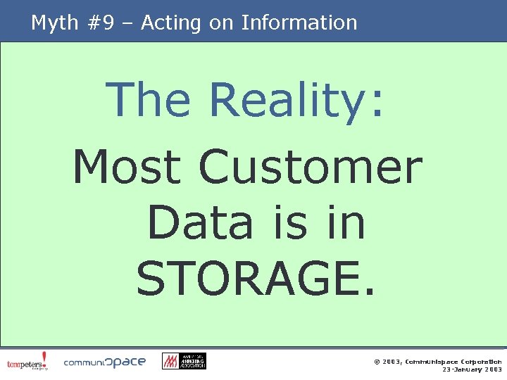 Myth #9 – Acting on Information The Reality: Most Customer Data is in STORAGE.