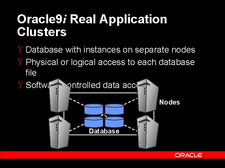 Oracle 9 i Real Application Clusters Ÿ Database with instances on separate nodes Ÿ