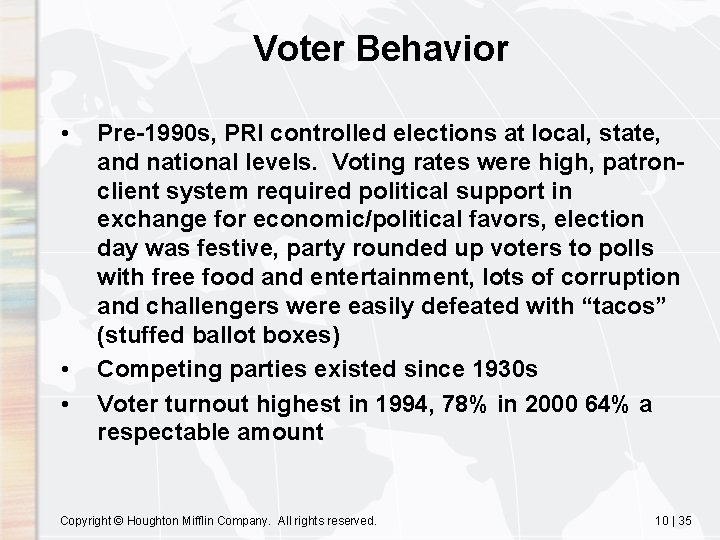 Voter Behavior • • • Pre-1990 s, PRI controlled elections at local, state, and