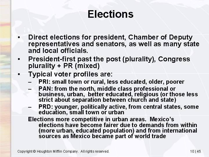 Elections • • • Direct elections for president, Chamber of Deputy representatives and senators,