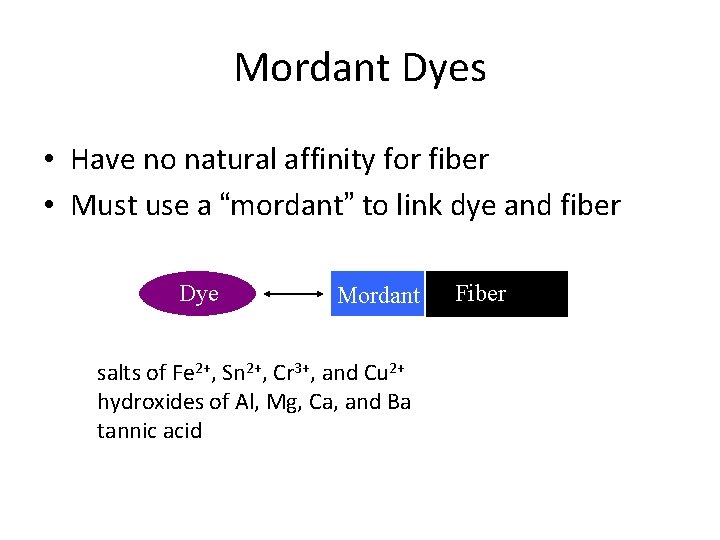 Mordant Dyes • Have no natural affinity for fiber • Must use a “mordant”