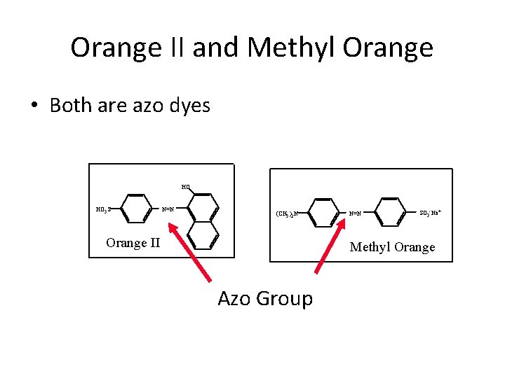 Orange II and Methyl Orange • Both are azo dyes HO HO 3 S