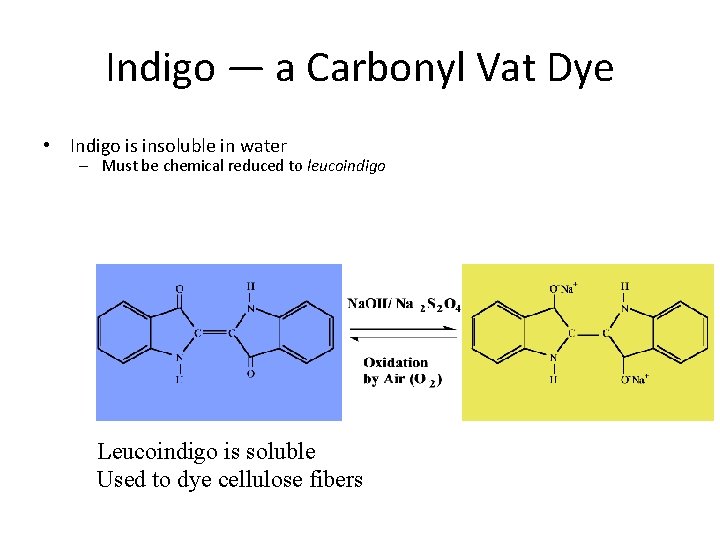 Indigo — a Carbonyl Vat Dye • Indigo is insoluble in water – Must