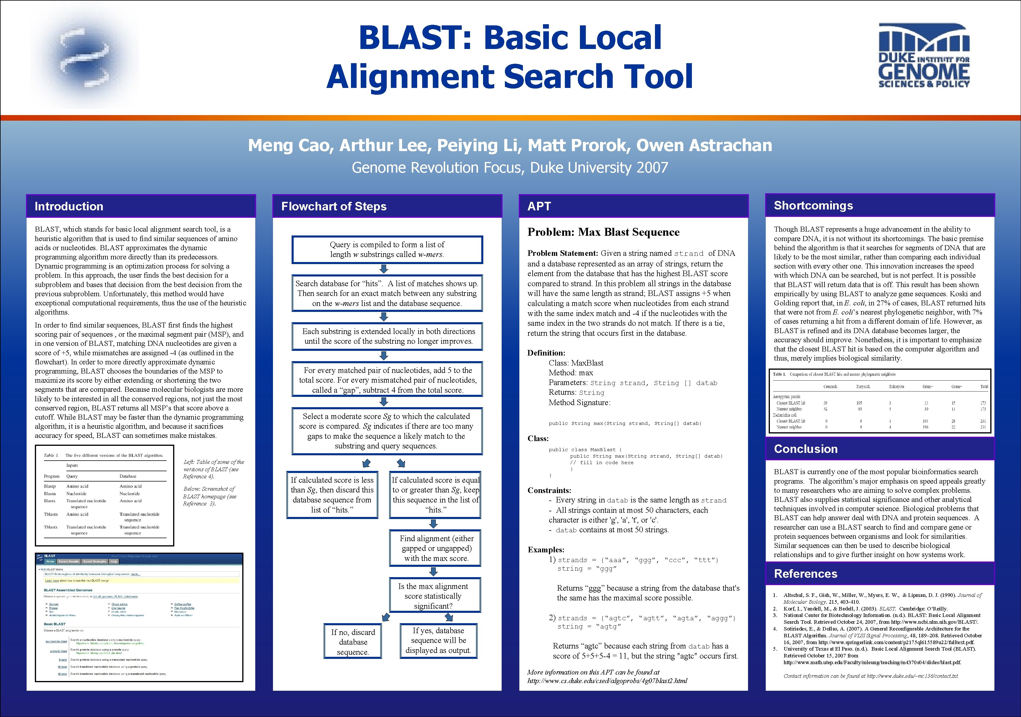 BLAST: Basic Local Alignment Search Tool Meng Cao, Arthur Lee, Peiying Li, Matt Prorok,