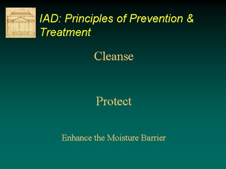 IAD: Principles of Prevention & Treatment Cleanse Protect Enhance the Moisture Barrier IAD: Principles of Prevention & Treatment Cleanse Protect Enhance the Moisture Barrier