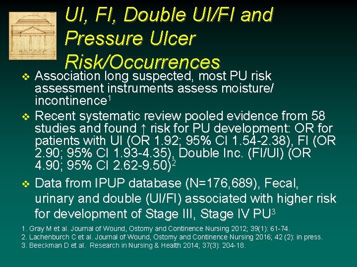 v v v UI, FI, Double UI/FI and Pressure Ulcer Risk/Occurrences Association long suspected, v v v UI, FI, Double UI/FI and Pressure Ulcer Risk/Occurrences Association long suspected,