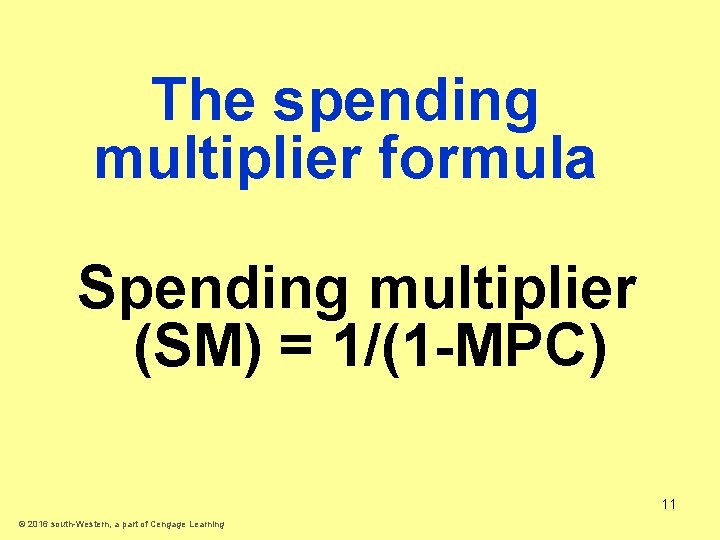 The spending multiplier formula Spending multiplier (SM) = 1/(1 -MPC) 11 © 2016 south-Western,