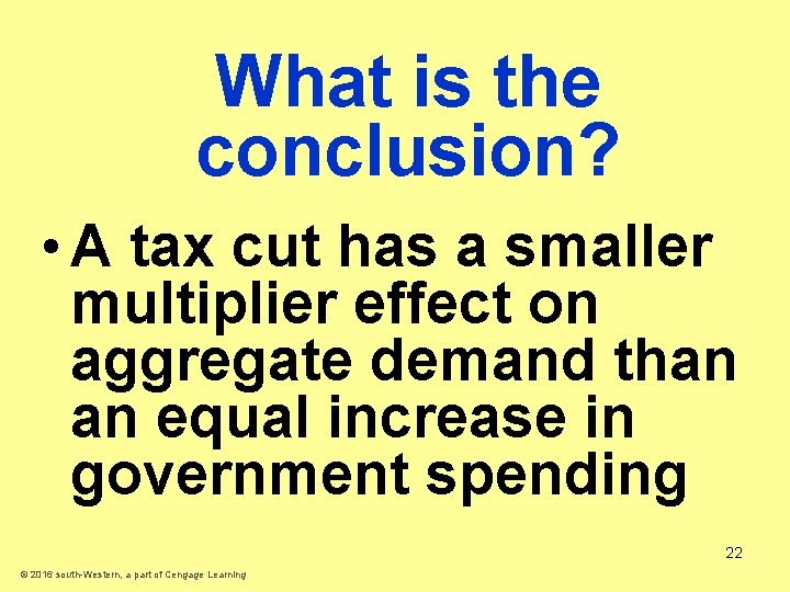 What is the conclusion? • A tax cut has a smaller multiplier effect on
