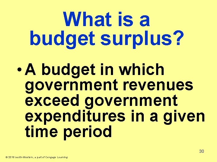 What is a budget surplus? • A budget in which government revenues exceed government