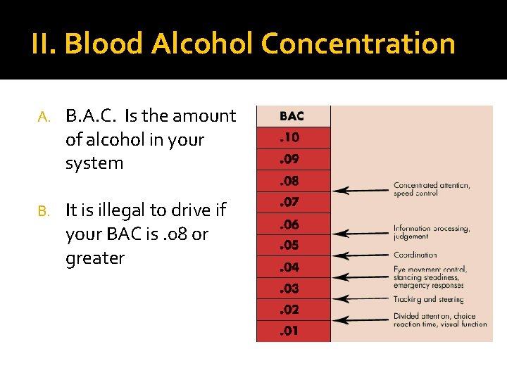 II. Blood Alcohol Concentration A. B. A. C. Is the amount of alcohol in