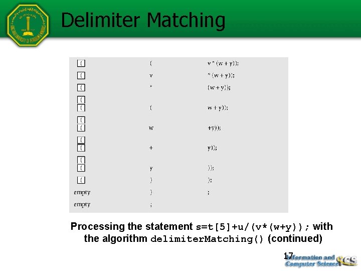 Delimiter Matching Processing the statement s=t[5]+u/(v*(w+y)); with the algorithm delimiter. Matching() (continued) 17 