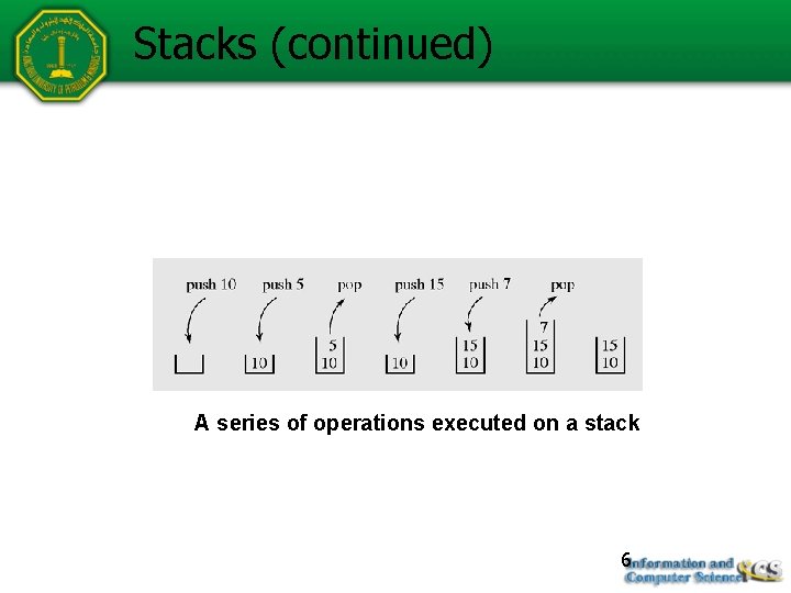 Stacks (continued) A series of operations executed on a stack 6 