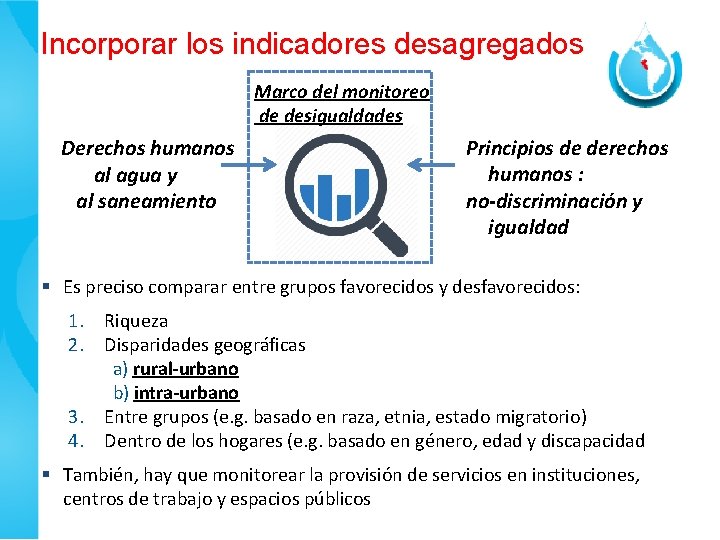 Incorporar los indicadores desagregados Marco del monitoreo de desigualdades Derechos humanos al agua y Incorporar los indicadores desagregados Marco del monitoreo de desigualdades Derechos humanos al agua y