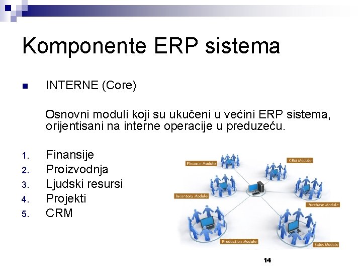 Komponente ERP sistema n INTERNE (Core) Osnovni moduli koji su ukučeni u većini ERP