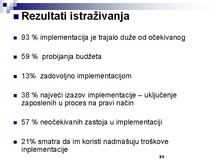 n Rezultati n istraživanja 93 % implementacija je trajalo duže od očekivanog n 59