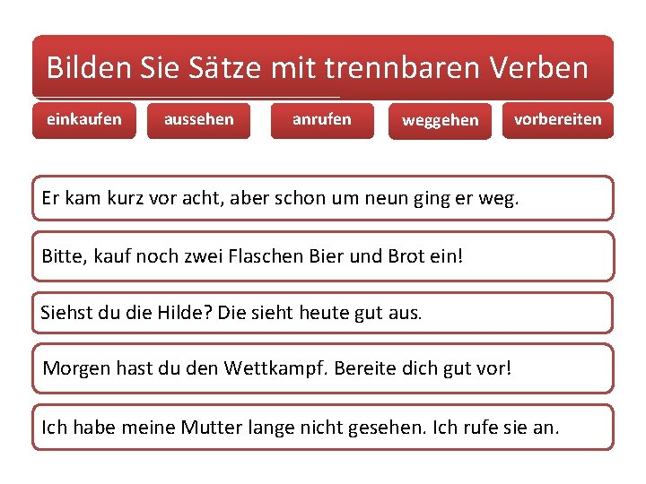 Bilden Sie Sätze mit trennbaren Verben einkaufen aussehen anrufen weggehen vorbereiten Er kam kurz