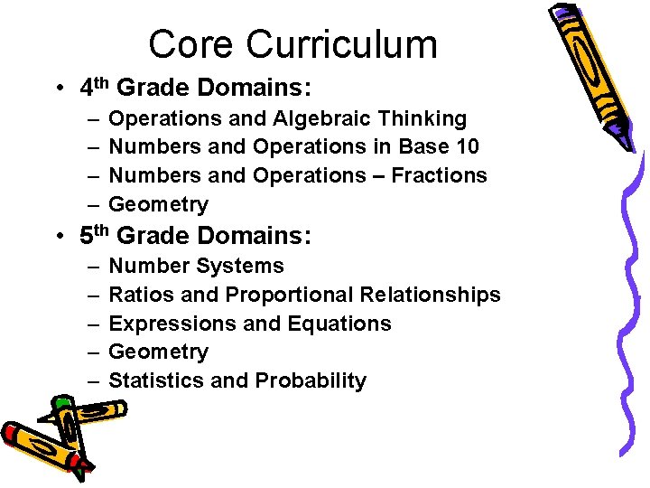 Core Curriculum • 4 th Grade Domains: – – Operations and Algebraic Thinking Numbers