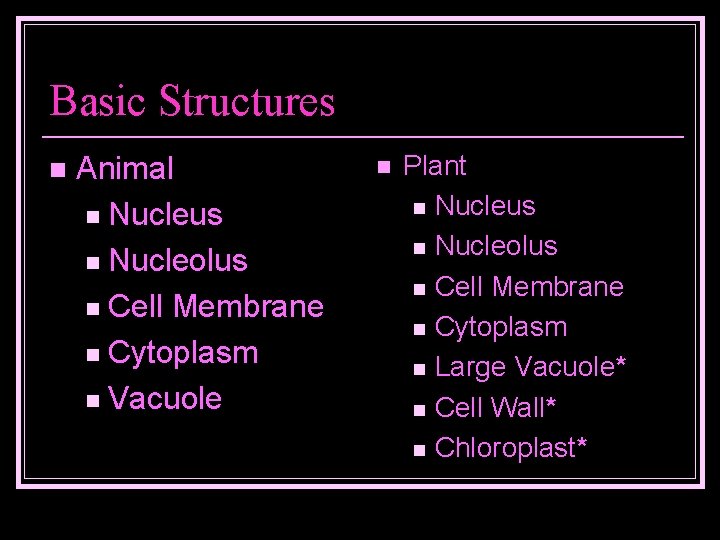Basic Structures n Animal n Nucleus n Nucleolus n Cell Membrane n Cytoplasm n