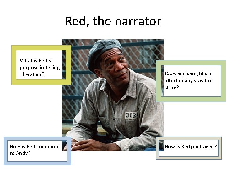 Red, the narrator What is Red’s purpose in telling the story? How is Red