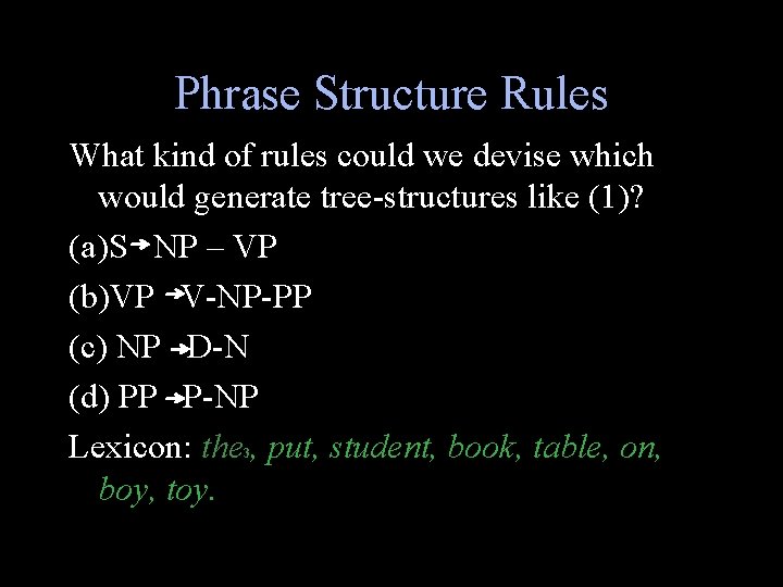 Phrase Structure Rules What kind of rules could we devise which would generate tree-structures