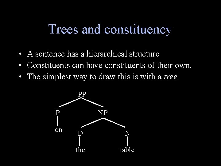 Trees and constituency • A sentence has a hierarchical structure • Constituents can have
