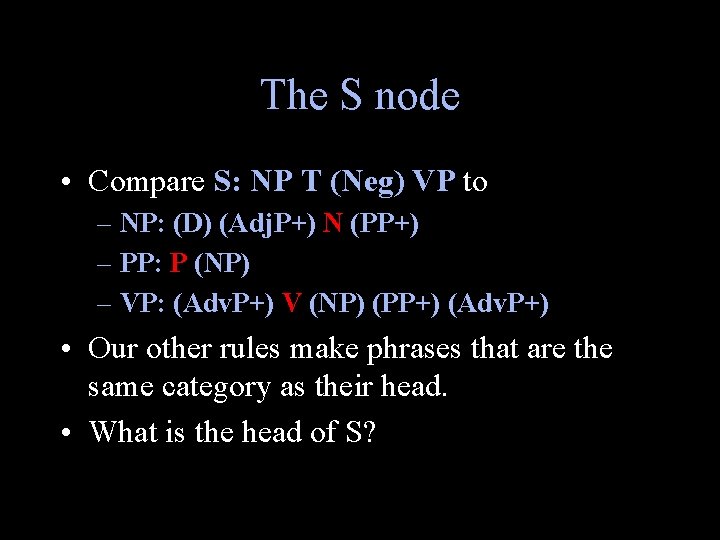 The S node • Compare S: NP T (Neg) VP to – NP: (D)