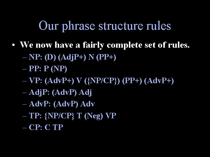Our phrase structure rules • We now have a fairly complete set of rules.